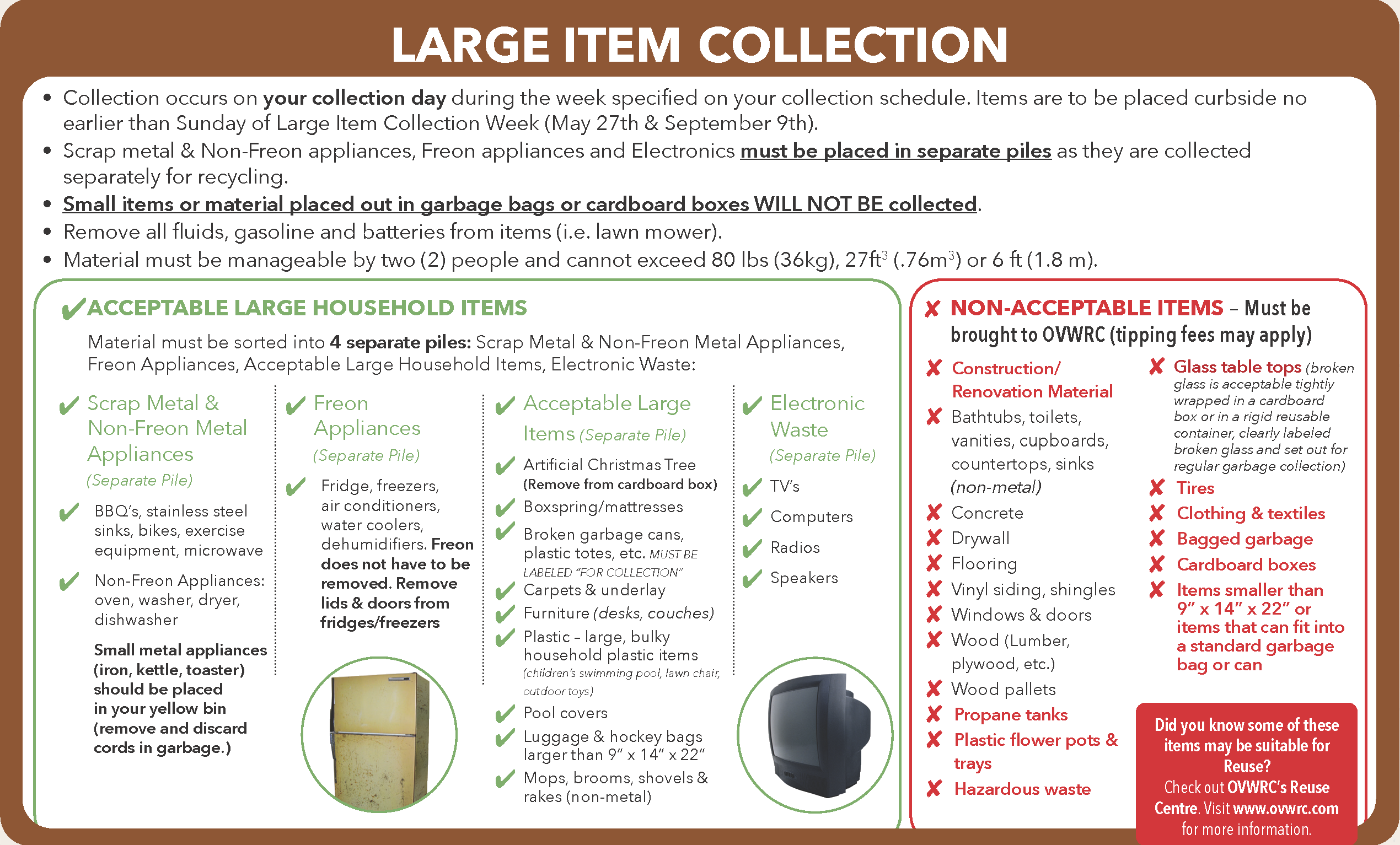 Chart identifying what is and is not accepted in the Large Item Collection program.